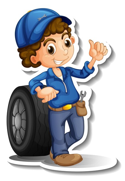 Aufkleberdesign mit Automechaniker-Cartoon-Figur