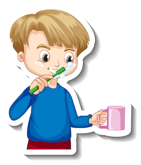 Aufkleberdesign mit einem jungen, der seine zahnzeichentrickfigur putzt