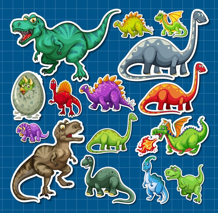 Kostenlose Vektor aufklebersatz verschiedener dinosaurier-zeichentrickfiguren