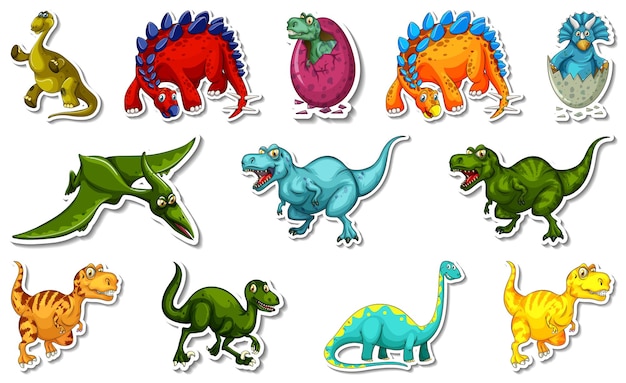 Kostenloser Vektor aufkleberset mit verschiedenen arten von dinosaurier-zeichentrickfiguren
