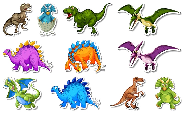 Kostenlose Vektor aufkleberset mit verschiedenen arten von dinosaurier-zeichentrickfiguren