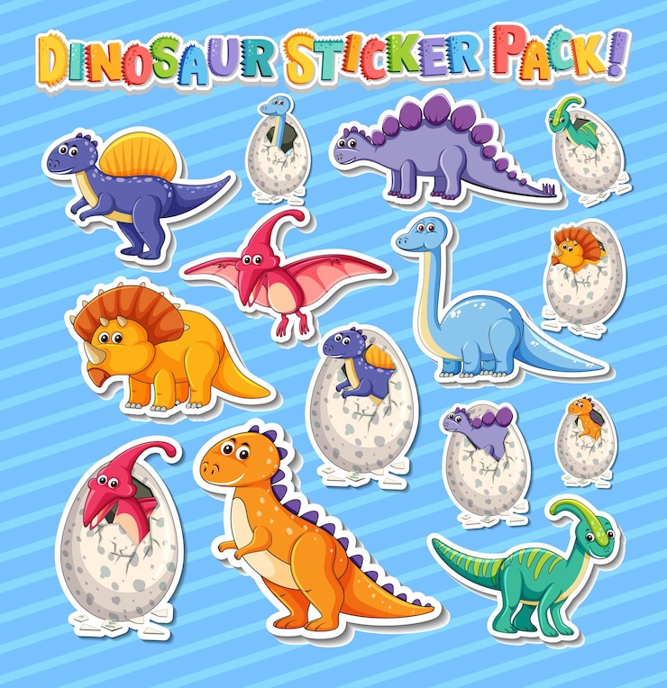 Kostenlose Vektor aufkleberset mit verschiedenen arten von dinosaurier-zeichentrickfiguren