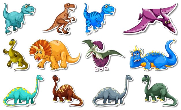 Aufkleberset mit verschiedenen Arten von Dinosaurier-Zeichentrickfiguren