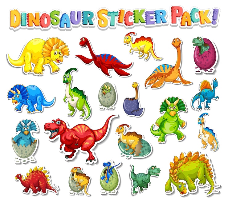 Kostenlose Vektor aufkleberset mit verschiedenen arten von dinosaurier-zeichentrickfiguren