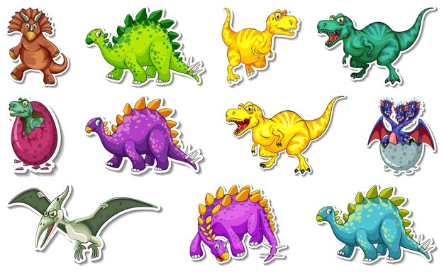 Aufkleberset mit verschiedenen Arten von Dinosaurier-Zeichentrickfiguren