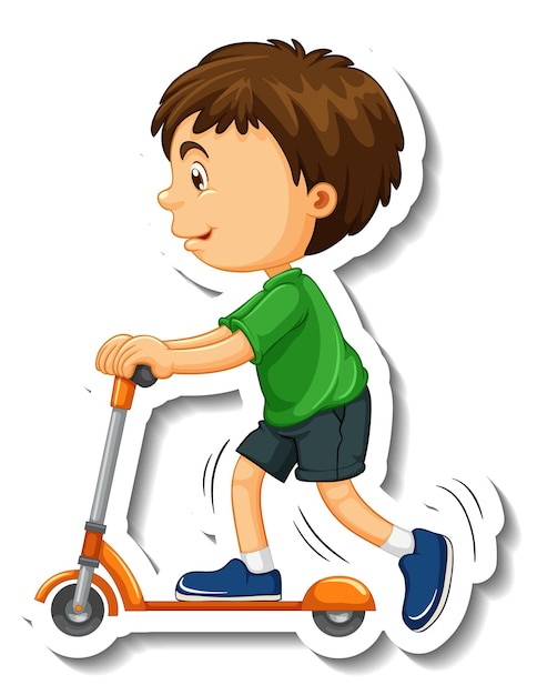 Aufklebervorlage mit einem jungen, der einen roller-cartoon-charakter reitet, isoliert