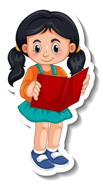 Aufklebervorlage mit einem Mädchen, das eine isolierte Buchzeichentrickfigur liest