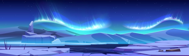 Kostenloser Vektor aurora borealis schimmert über der eislandschaft. vektor-cartoon-illustration von farbenfrohen abstrakten nordlichtern am nachthimmel mit vielen sternen, felsigen bergen, gefrorener wasseroberfläche, nordischer natur