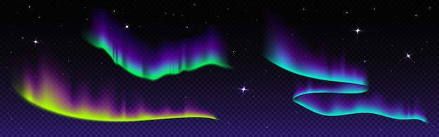 Kostenloser Vektor aurora borealis und sterne am nachthimmel vektor realistische illustration von polarlicht-effekten mit grüner, gelber und blauer farbgradient sternlicht funkelt im dunkeln nordpol naturphänomen