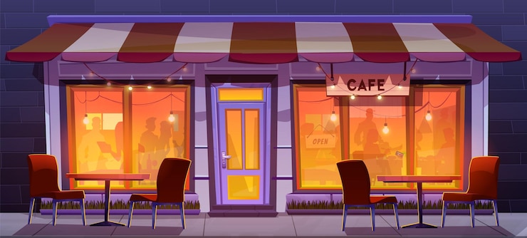 Kostenlose Vektor außenansicht des nachtcafés mit tisch und stuhl im freien. cartoon-panoramaillustration auf der terrasse des außenrestaurants. menschensilhouette im offenen kaffeehaus der stadt am abend. schaufenster in der innenstadt mit girlande