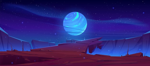 Außerirdische Planetenoberfläche, futuristische Landschaft mit leuchtendem Mond oder Satellit über Felsklippe im dunklen Sternenhimmel
