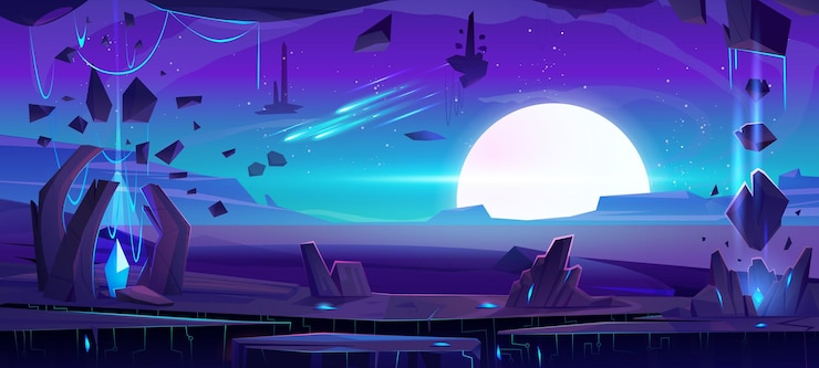 Kostenlose Vektor außerirdische planetenoberfläche mit kristall in der höhle vektor-cartoon-illustration einer felsigen landschaft mond am horizont meteoriten fallen in den nachthimmel weltraum wüstenkratergebiet hintergrund eines abenteuerspiels