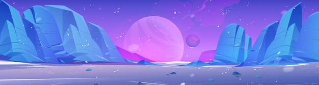 Außerirdischer planet wüste mit felsigen steinen vektor-cartoon-illustration einer fantasy-weltraumlandschaft in rosa und blauer farbe kosmische staubpartikel, die in der luft fliegen kosmos-erkundungs-abenteuerspielhintergrund