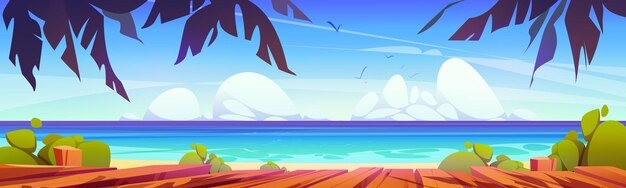Aussicht auf den tropischen Strand von einem Tisch mit Holzplatten