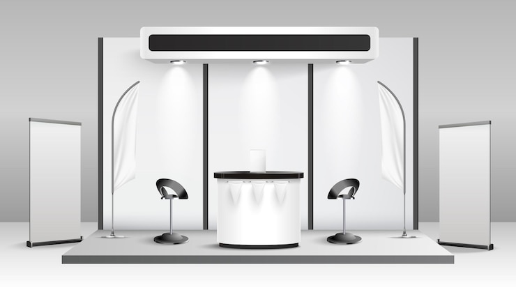 Kostenlose Vektor ausstellungsstand-mockup mit leeren weißen informationstafeln, fahnen, zwei stühlen und lampen, realistische vektorillustration