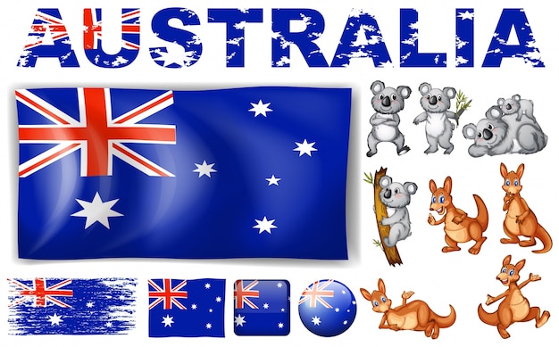 Kostenloser Vektor australien-flagge in verschiedenen designs und wilde tiere illustration