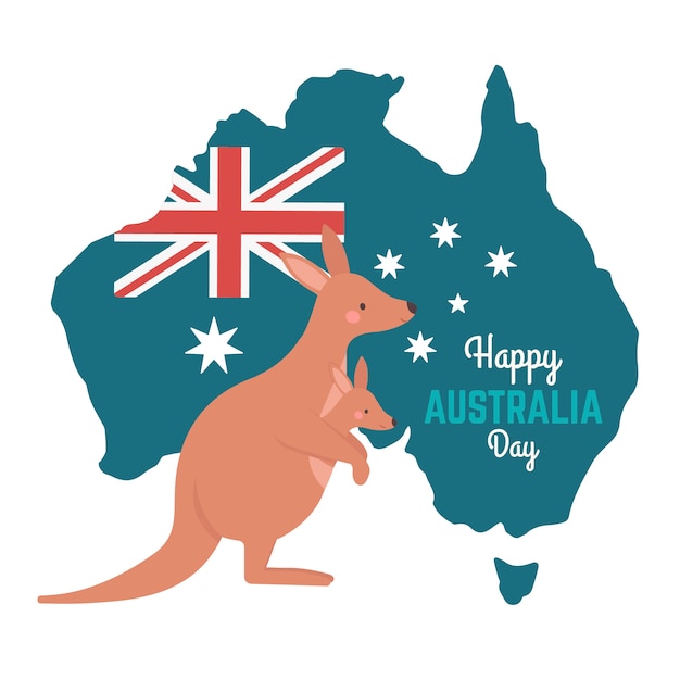 Kostenloser Vektor australien-tag mit känguru und karte