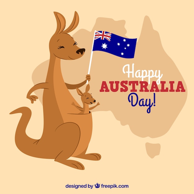 Kostenloser Vektor australien-tagesentwurf mit dem netten känguru, der flagge hält
