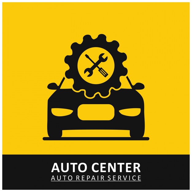 Auto Center Auto Repair Service Gear Icon mit Tools und Auto Gelben Hintergrund