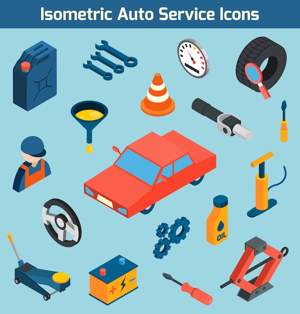 Kostenloser Vektor auto service isometric icons set