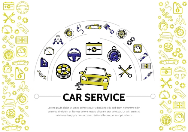 Auto service line icons zusammensetzung mit stoßdämpfer öl tacho getriebe bremsscheibe kolben