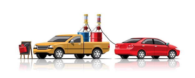 Kostenloser Vektor auto tankt kraftstoff mit fassbehälter der handpumpe bei abholung