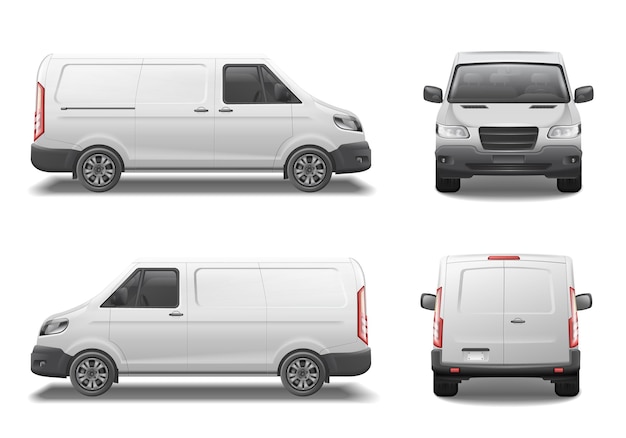 Auto-Van-Mockup-Set mit isolierten realistischen Bildern des Automobils aus verschiedenen Winkeln auf leerer Hintergrundvektorillustration