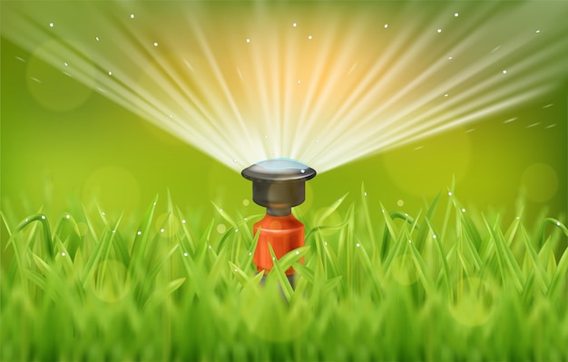 Automatische Sprinkleranlage, die frischen grünen Rasen bewässert realistische Illustration
