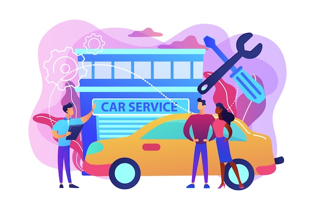 Automechaniker und geschäftsleute beim autoservice lassen ihr auto reparieren. autowerkstatt, autowerkstatt, fahrzeugreparaturservicekonzept. helle lebendige violette isolierte illustration