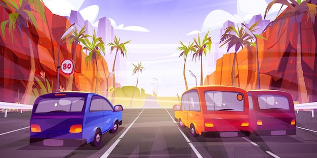 Autos fahren auf der Autobahn mit Palmen