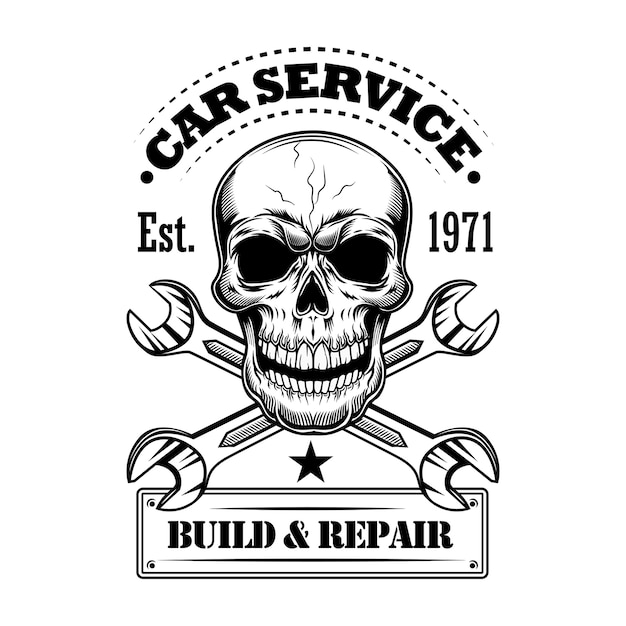 Autoservice-Vektorillustration. Monochromer Schädel, gekreuzte Schraubenschlüssel, Text erstellen und reparieren. Autoservice oder Garagenkonzept für Embleme oder Etikettenvorlagen