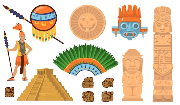 Kostenloser Vektor azteken- und maya-symbole gesetzt. antike pyramide, inka-krieger, ethnische masken, götter und idole artefakte. flache vektorillustrationen für mexikanische kultur, traditionelles dekorationskonzept