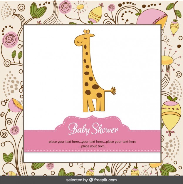 Kostenloser Vektor baby-dusche-karte mit giraffe und blumenhintergrund
