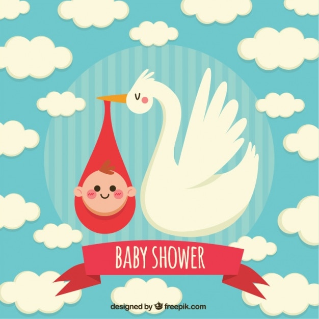 Kostenloser Vektor baby-dusche-karte mit storch und wolken