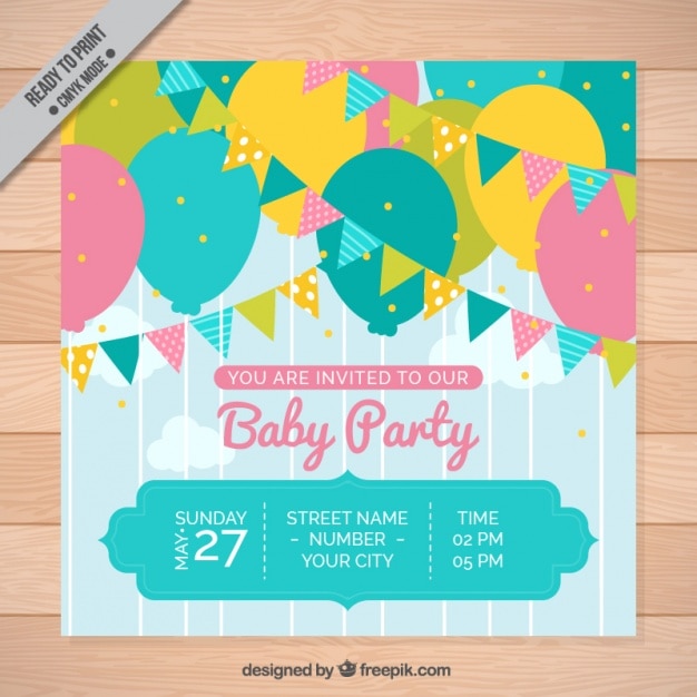 Baby-party-einladung mit bunten girlanden und luftballons