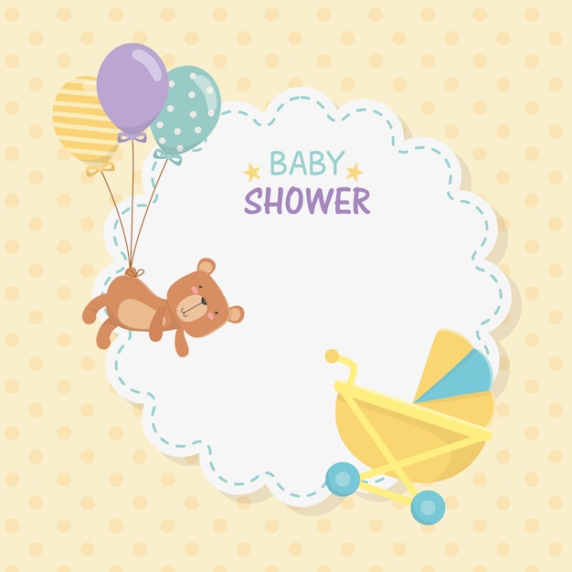 Kostenloser Vektor babyparty-spitzekarte mit kleinem bärenteddy und ballonhelium