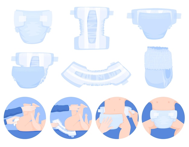 Babywindel-flachset mit isolierten ansichten von säuglingsunterwäsche und stadien des wechselns von windelhöschen-vektorillustration