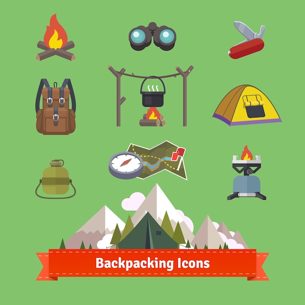 Kostenloser Vektor backpacking und wandern flache icon-set