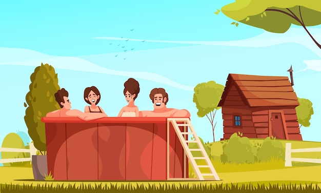 Kostenloser Vektor badende cartoon-komposition mit einer gruppe glücklicher junger menschen, die sich gemeinsam im freien im holzfass in der nähe der dorfbad-vektorillustration entspannen