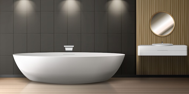 Badezimmerausstattung mit Badewanne, Waschbecken und rundem Spiegel