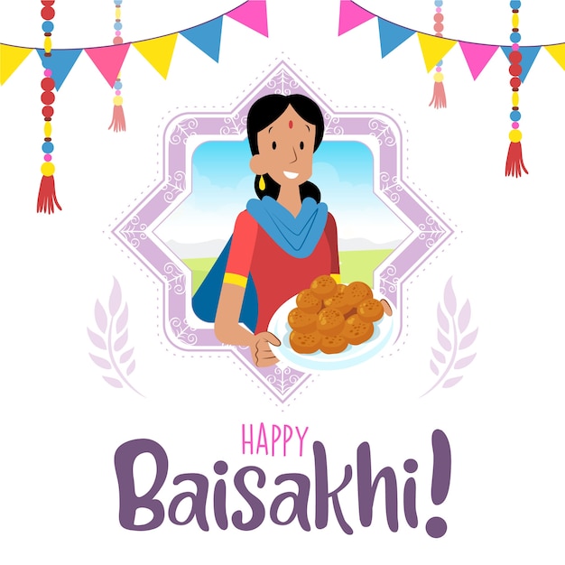 Kostenloser Vektor baisakhi indisches festival mit frau und nachtisch