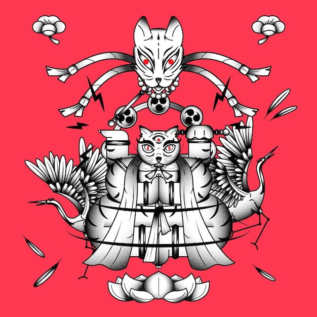 Bakeneko mit raijin-trommeln, japanisches monsterkatzenelement auf einem roten hintergrundvektor