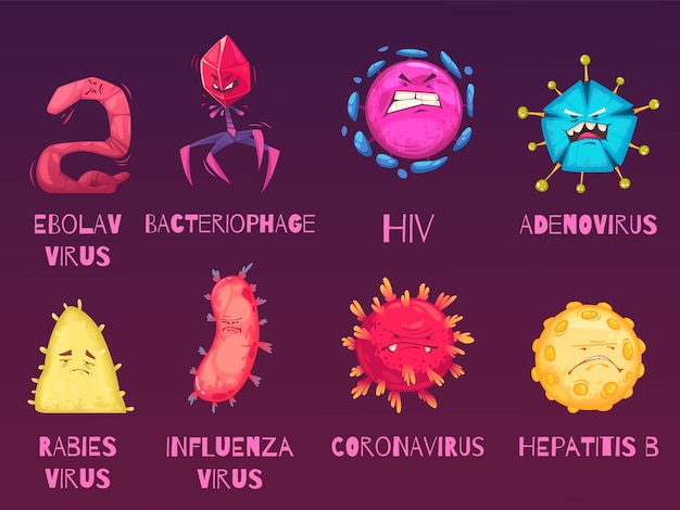 Kostenloser Vektor bakterien- und virussymbole mit influenza- und ebola-symbolen flach isolierte vektorillustration