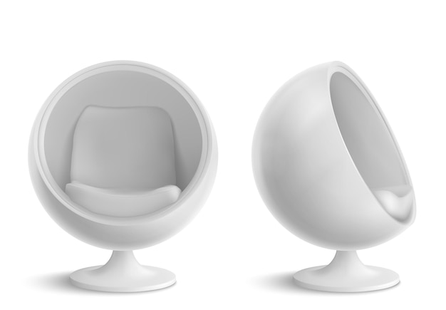 Ballstuhl, runder Sessel vorne und Seitenansicht. Futuristisches Möbeldesign für Innen- oder Büroeinrichtung, bequemer eiförmiger Sitz lokalisiert auf weißem Hintergrund. Realistische 3D-Vektorillustration