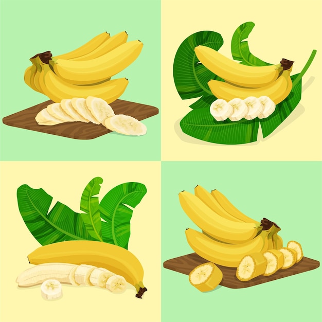 Bananenflachset mit vier quadratischen kompositionen aus bananenbündeln, palmblättern und scheiben zum servieren von vektorillustrationen