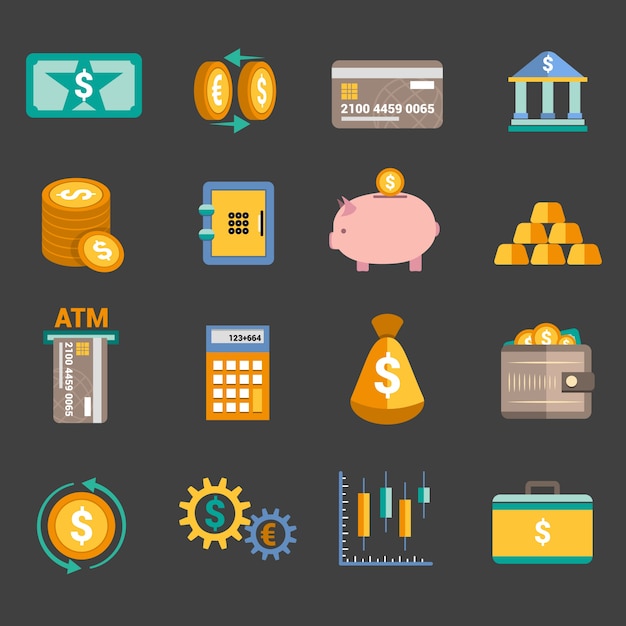 Kostenloser Vektor bank service geld icons set mit geld-box-speicherkarte isoliert vektor-illustration