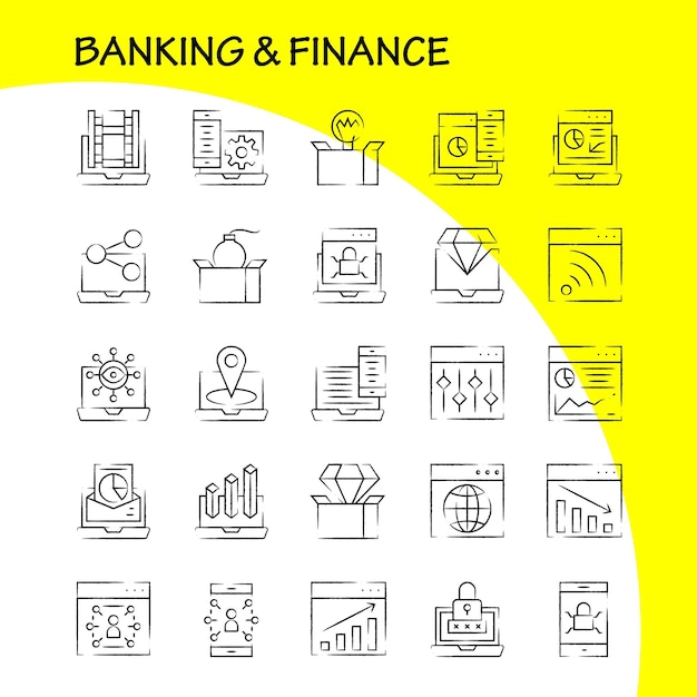 Banking hand gezeichnet icon pack für designer und entwickler ikonen der bank banking internet internet banking laptop security lock vektor