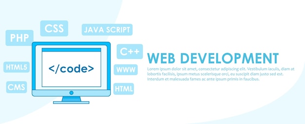Kostenloser Vektor banner für die webentwicklung. computer mit fenster ein computer mit einem browserfenster.