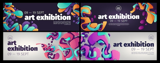 Banner für Kunstausstellungen mit abstrakten Mustern aus flüssigen Farbspritzern Vektorhorizontale Plakate moderner Galerien oder Kunstzentren mit kreativem Hintergrund mit Cartoon-Flüssigkeitsformen