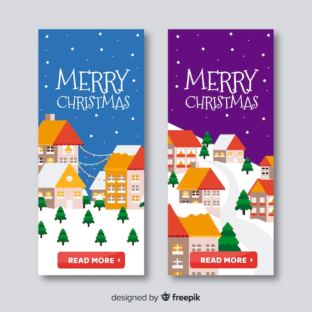 Banner im flachen design mit weihnachtsstadt